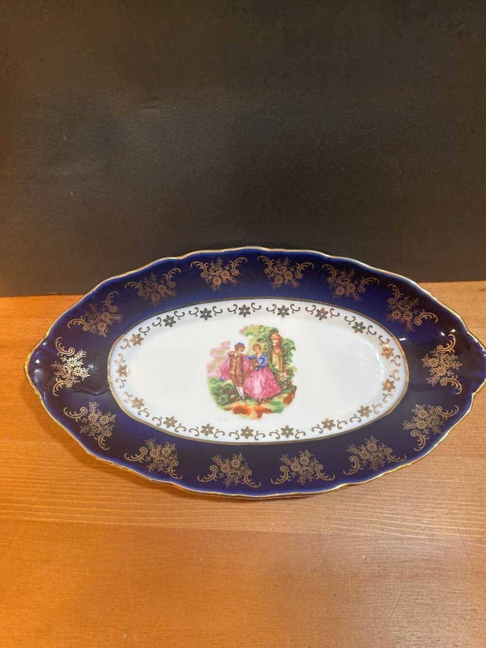 Vintage Cobalt Blue Gold Romantic Fragonard Style Oval Serving Platter 10.5"